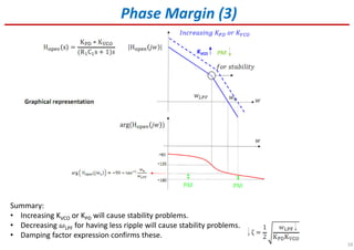 16
Phase Margin (3)
KVCO PM
Summary:
• Increasing KVCO or KPD will cause stability problems.
• Decreasing ߱LPF for having less ripple will cause stability problems.
• Damping factor expression confirms these.
 