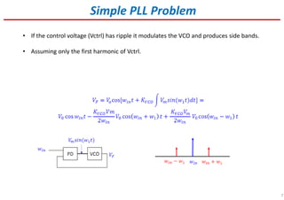 7
Simple PLL Problem
• If the control voltage (Vctrl) has ripple it modulates the VCO and produces side bands.
• Assuming only the first harmonic of Vctrl.
 