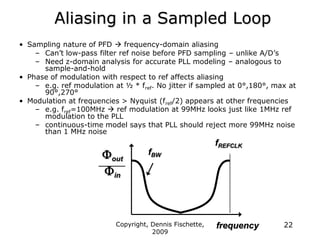 Copyright, Dennis Fischette,
2009
22
Aliasing in a Sampled Loop
• Sampling nature of PFD  frequency-domain aliasing
– Can‟t low-pass filter ref noise before PFD sampling – unlike A/D‟s
– Need z-domain analysis for accurate PLL modeling – analogous to
sample-and-hold
• Phase of modulation with respect to ref affects aliasing
– e.g. ref modulation at ½ * fref. No jitter if sampled at 0°,180°, max at
90°,270°
• Modulation at frequencies > Nyquist (fref/2) appears at other frequencies
– e.g. fref=100MHz  ref modulation at 99MHz looks just like 1MHz ref
modulation to the PLL
– continuous-time model says that PLL should reject more 99MHz noise
than 1 MHz noise
frequency
fREFCLK
fBW
Fout
Fin
 