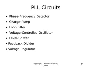 Copyright, Dennis Fischette,
2009
34
PLL Circuits
• Phase-Frequency Detector
• Charge-Pump
• Loop Filter
• Voltage-Controlled Oscillator
• Level-Shifter
• Feedback Divider
• Voltage Regulator
 