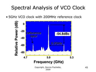 Copyright, Dennis Fischette,
2009
45
Spectral Analysis of VCO Clock
• 5GHz VCO clock with 200MHz reference clock
5.0
4.7 5.3
0
-20
-40
-60
-80
Relative
Power
(dB)
Frequency (GHz)
-54.8dBc
reference
spur
0.2GHz
 