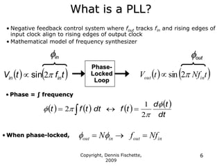 Copyright, Dennis Fischette,
2009
6
What is a PLL?
• Negative feedback control system where fout tracks fin and rising edges of
input clock align to rising edges of output clock
• Mathematical model of frequency synthesizer
   
t
f
t
V in
in 
2
sin
    
t
Nf
t
V in
out 
2
sin

fout
fin
       
dt
t
d
t
f
dt
t
f
t
f


f
2
1
2 

 
Phase-
Locked
Loop
in
out
in
out Nf
f
N 

 f
f
• When phase-locked,
• Phase = ∫ frequency
 