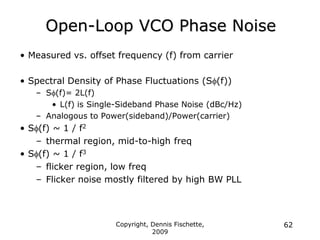Copyright, Dennis Fischette,
2009
62
Open-Loop VCO Phase Noise
• Measured vs. offset frequency (f) from carrier
• Spectral Density of Phase Fluctuations (Sf(f))
– Sf(f)= 2L(f)
• L(f) is Single-Sideband Phase Noise (dBc/Hz)
– Analogous to Power(sideband)/Power(carrier)
• Sf(f) ~ 1 / f2
– thermal region, mid-to-high freq
• Sf(f) ~ 1 / f3
– flicker region, low freq
– Flicker noise mostly filtered by high BW PLL
 