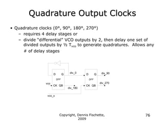 Copyright, Dennis Fischette,
2009
76
Quadrature Output Clocks
• Quadrature clocks (0°, 90°, 180°, 270°)
– requires 4 delay stages or
– divide “differential” VCO outputs by 2, then delay one set of
divided outputs by ½ Tvco to generate quadratures. Allows any
# of delay stages
div_0
D
CK
Q
DFF
QB
div_180
D
CK
Q
DFF
QB
vco
vco_x
div_90
div_270
 