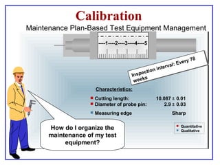 How do I organize the
maintenance of my test
equipment?
----1----2----3----4----5
 Quantitative
 Qualitative
Inspection interval: Every 78
weeks
 Cutting length:
 Diameter of probe pin:
 Measuring edge
10.087 0.01
2.9 0.03
Sharp
Characteristics:
Maintenance Plan-Based Test Equipment Management
Calibration
 