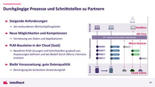 Steigende Anforderungen
der verbundenen Wertschöpfungskette
Neue Möglichkeiten und Kompetenzen
Vernetzung von Daten und Applikationen
PLM-Bausteine in der Cloud (SaaS)
Bewährte PLM-Lösungen und Schnittstellen graduell von
Anpassungen befreien und bei Bedarf durch (Micro-) Services
ersetzen
Bleibt Voraussetzung: gute Datenqualität
Bereinigung bei konkretem Anwendungsfall
Durchgängige Prozesse und Schnittstellen zu Partnern
ZUSAMMENFASSUNG
10
PDM
Fer$gung
ERP
Kalkulation
Rechnungen
SCM
Service 1
Backend
Funktionen
und
Services
Front
End
XY
Funktion 1
Funktion 2
PDM
Konstruktion
Simulation
Validation
Freigabe
ERP
API – Gateway / Service Mesh / Enterprise Bus
Partner
Service 2
Cloud-native
Micro-Services
API First
Headless
 