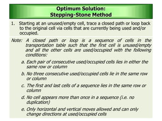 1. Starting at an unused/empty cell, trace a closed path or loop back
to the original cell via cells that are currently being used and/or
occupied.
Note: A closed path or loop is a sequence of cells in the
transportation table such that the first cell is unused/empty
and all the other cells are used/occupied with the following
conditions:
a. Each pair of consecutive used/occupied cells lies in either the
same row or column
b. No three consecutive used/occupied cells lie in the same row
or column
c. The first and last cells of a sequence lies in the same row or
column
d. No cell appears more than once in a sequence (i.e. no
duplication)
e. Only horizontal and vertical moves allowed and can only
change directions at used/occupied cells
Optimum Solution:
Stepping-Stone Method
 