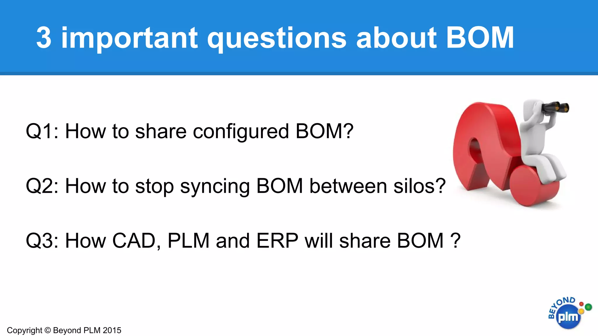 3 important questions about BOM
Copyright © Beyond PLM 2015
Q1: How to share configured BOM?
Q2: How to stop syncing BOM between silos?
Q3: How CAD, PLM and ERP will share BOM ?
 