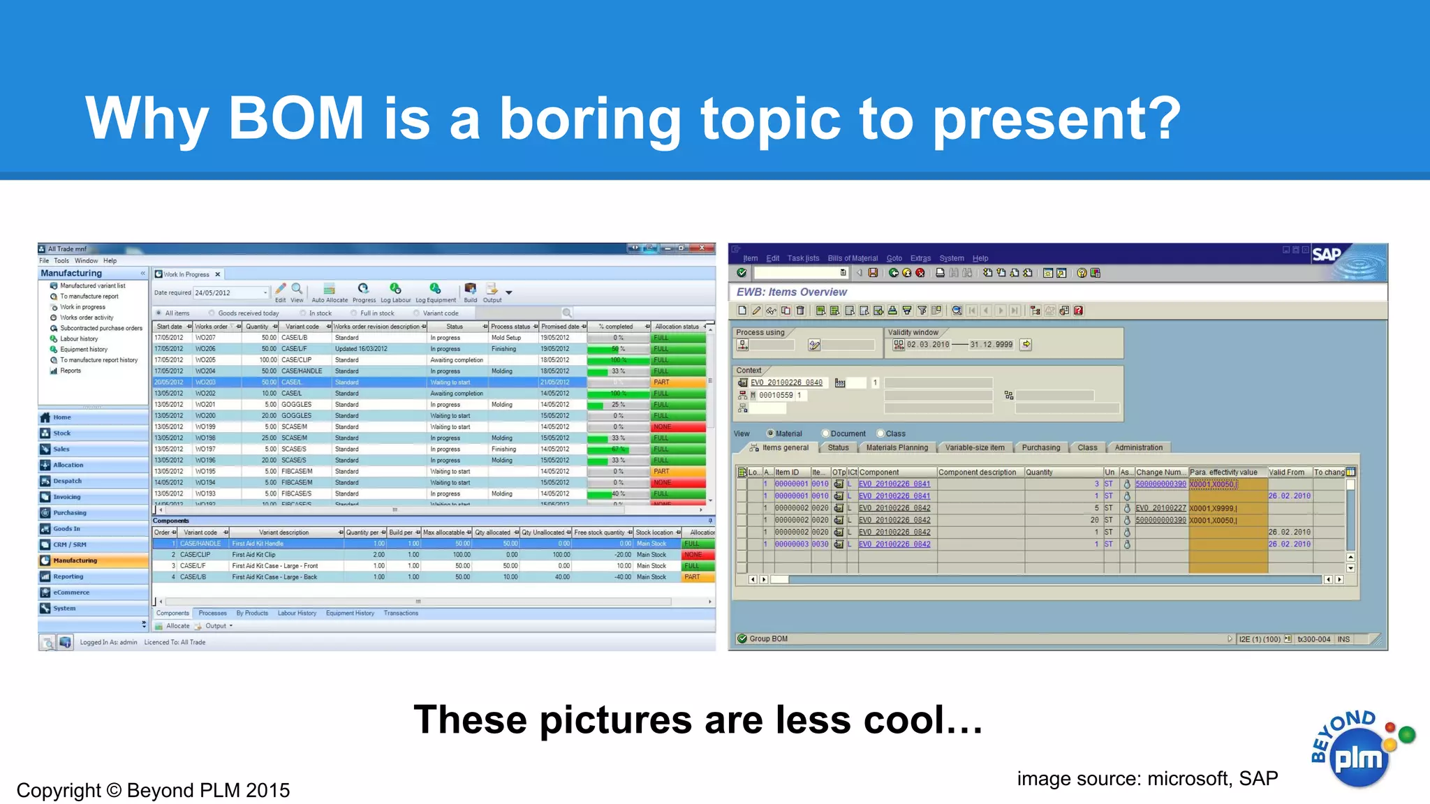 Why BOM is a boring topic to present?
Copyright © Beyond PLM 2015
image source: microsoft, SAP
These pictures are less cool…
 