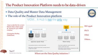 The Product Innovation Platform needs to bedata-driven
 Data Quality and Master Data Management
 The role of the Product Innovation platform
How to identify the correct
Master Data subject areas
& tooling for your MDM
initiative.
Christopher Bradley
(SlideShare) PLM
ISO 15926
PLCS
OSLC
Others ..
Where are the Data Quality initiatives ?
 