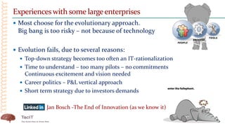 Experienceswith some largeenterprises
 Most choose for the evolutionary approach.
Big bang is too risky – not because of technology
 Evolution fails, due to several reasons:
 Top-down strategy becomes too often an IT-rationalization
 Time to understand – too many pilots – no commitments
Continuous excitement and vision needed
 Career politics – P&L vertical approach
 Short term strategy due to investors demands
Jan Bosch -The End of Innovation (as we know it)
 