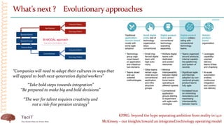 What’s next ? Evolutionaryapproaches
KPMG: beyond the hype separating ambition from reality in i4.0
McKinsey – our insights/toward an integrated technology operating model
“Companies will need to adapt their cultures in ways that
will appeal to both next-generation digital workers”
“Take bold steps towards integration”
“Be prepared to make big and bold decisions”
“The war for talent requires creativity and
not a risk-free pension strategy”
 