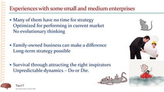 Experienceswith somesmall and medium enterprises
 Many of them have no time for strategy
Optimized for performing in current market
No evolutionary thinking
 Family-owned business can make a difference
Long-term strategy possible
 Survival through attracting the right inspirators
Unpredictable dynamics – Do or Die.
 