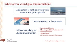 Wherearewewith digital transformation ?
McKinsey: The case for digital reinvention
• Products and Services
• Marketing and Distribution channels
• Business Processes
• Supply Chains
• new entrants acting in Ecosystems.
Where to make your
digital investments ?
Digitization is putting pressure on
revenue and profit growth
Uneven returns on investment
 