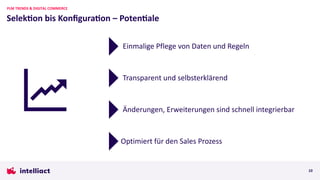 Selek;on bis Konﬁgura;on – Poten;ale
PLM TRENDS & DIGITAL COMMERCE
10
Einmalige Pflege von Daten und Regeln
Transparent und selbsterklärend
Optimiert für den Sales Prozess
Änderungen, Erweiterungen sind schnell integrierbar
 