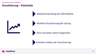 Visualisierung – Potentiale
PLM TRENDS & DIGITAL COMMERCE
14
Wiederverwendung der CAD Modelle
RealIme Visualisierung der Lösung
Einfacher AuLau der Visualisierung
Neue Varianten sofort integrierbar
 