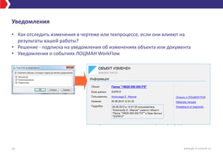 Уведомления
• Как отследить изменения в чертеже или техпроцессе, если они влияют на
результаты вашей работы?
• Решение - подписка на уведомления об изменениях объекта или документа
• Уведомления о событиях ЛОЦМАН WorkFlow
29 www.gk-it-consult.ru
 