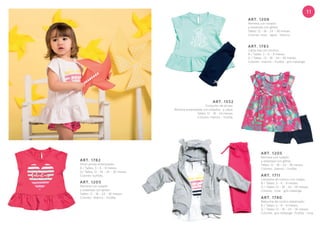 ART. 1205
Remera con volado
y estampa con glitter.
Talles: 12 - 18 - 24 - 36 meses.
Colores: blanco - frutilla.
ART. 1206
Remera con volado
y estampa con glitter.
Talles: 12 - 18 - 24 - 36 meses.
Colores: rosa - agua - blanco.
ART. 1783
Calza lisa con moños.
B / Talles: 3 - 6 - 9 meses.
G / Talles: 12 - 18 - 24 - 36 meses.
Colores: marino - frutilla - gris melange.
ART. 1552
Conjunto de jersey.
Remera estampada con volados y calza.
Talles: 12 - 18 - 24 meses.
Colores: marino - frutilla.
11
ART. 1711
Campera de rústico con orejas.
B / Talles: 3 - 6 - 9 meses.
G / Talles: 12 - 18 - 24 - 36 meses.
Colores: rosa - gris melange.
ART. 1780
Babucha de rústico elastizado.
B / Talles: 3 - 6 - 9 meses.
G / Talles: 12 - 18 - 24 - 36 meses.
Colores: gris melange -frutilla - rosa.
ART. 1205
Remera con volado
y estampa con glitter.
Talles: 12 - 18 - 24 - 36 meses.
Colores: blanco - frutilla.
ART. 1782
Short jersey estampado.
B / Talles: 3 - 6 - 9 meses.
G/ Talles: 12 - 18 - 24 - 36 meses.
Colores: surtido.
 