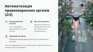 Автоматизація
правоохоронних органів
(2/2)
1 Розмежування
агентів
Агенти громадян та
правоохоронців - це різні
системи.
2 Доступ до даних
Доступ до автоматично
зібраних баз даних має
бути обмеженим та
контрольованим.
3 Судовий контроль
Необхідний судовий дозвіл для доступу до інформації про
громадян.
Агент для судді формує стислий аналіз доказів і суддя вже вирішує, чи
надавати доступ до інформації.
 