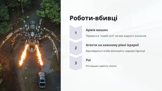 Роботи-вбивці
Армія машин
Перевага в "живій силі" не має жодного значення
Агенти на кожному рівні ієрархії
Відповідальні особи виконують надзорні функції
Рої
Рої машин замість піхоти
 