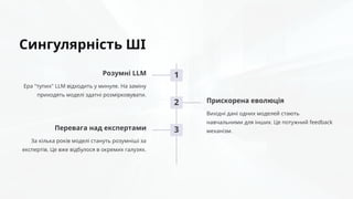 Сингулярність ШІ
1
Розумні LLM
Ера "тупих" LLM відходить у минуле. На заміну
приходять моделі здатні розмірковувати.
2 Прискорена еволюція
Вихідні дані одних моделей стають
навчальними для інших. Це потужний feedback
механізм.
3
Перевага над експертами
За кілька років моделі стануть розумніші за
експертів. Це вже відбулося в окремих галузях.
 