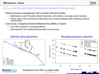 IBM Research - Ireland
© 2012 IBM Corporation
Valve Placement
ve Placement
Active and Robust Water Distribution Network Management
• Robust pressure management with uncertain demand profiles
– Optimization model* includes network hydraulics, and scales to very large urban networks
– Places valves and recommends outlet pressures to reduce leakage while satisfying customer
requirements
• Case study: Chapelizod District Metered Area (DMA) in Dublin
– Up to 44% reduction in average pressure
– Estimated 66 (16%) additional households can be served
Optimal valve placement Resulting pressure reduction
* Assistance from HRL on initial model
 