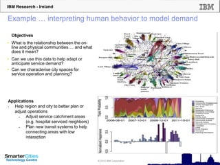 IBM Research - Ireland
© 2012 IBM Corporation
• Objectives
• What is the relationship between the on-
line and physical communities … and what
does it mean?
• Can we use this data to help adapt or
anticipate service demand?
• Can we characterise city spaces for
service operation and planning?
Example … interpreting human behavior to model demand
Applications
 Help region and city to better plan or
adjust operations
 Adjust service catchment areas
(e.g. hospital serviced neighbors)
 Plan new transit systems to help
connecting areas with low
interaction
 