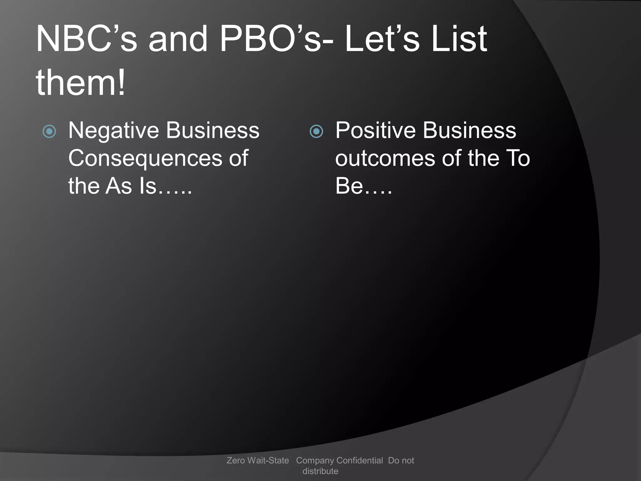 NBC’s and PBO’s- Let’s List
them!
   Negative Business                    Positive Business
    Consequences of                       outcomes of the To
    the As Is…..                          Be….




                  Zero Wait-State Company Confidential Do not
                                   distribute
 