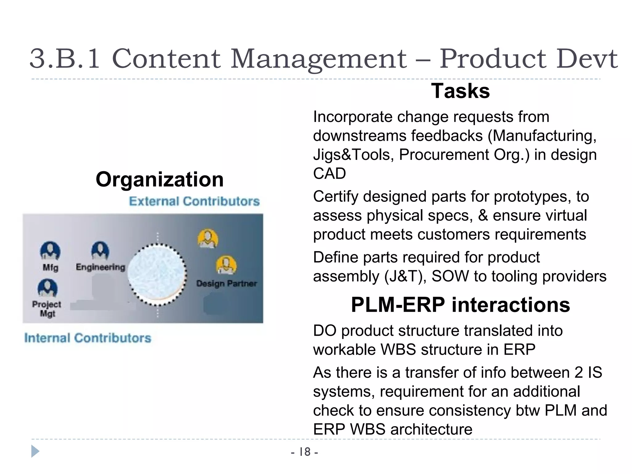 3.B.1 Content Management – Product Devt
                                        Tasks
                       Incorporate change requests from
                       downstreams feedbacks (Manufacturing,
                       Jigs&Tools, Procurement Org.) in design
    Organization       CAD
                       Certify designed parts for prototypes, to
                       assess physical specs, & ensure virtual
                       product meets customers requirements
                       Define parts required for product
                       assembly (J&T), SOW to tooling providers
                            PLM-ERP interactions
                       DO product structure translated into
                       workable WBS structure in ERP
                       As there is a transfer of info between 2 IS
                       systems, requirement for an additional
                       check to ensure consistency btw PLM and
                       ERP WBS architecture
                   - 18 -
 