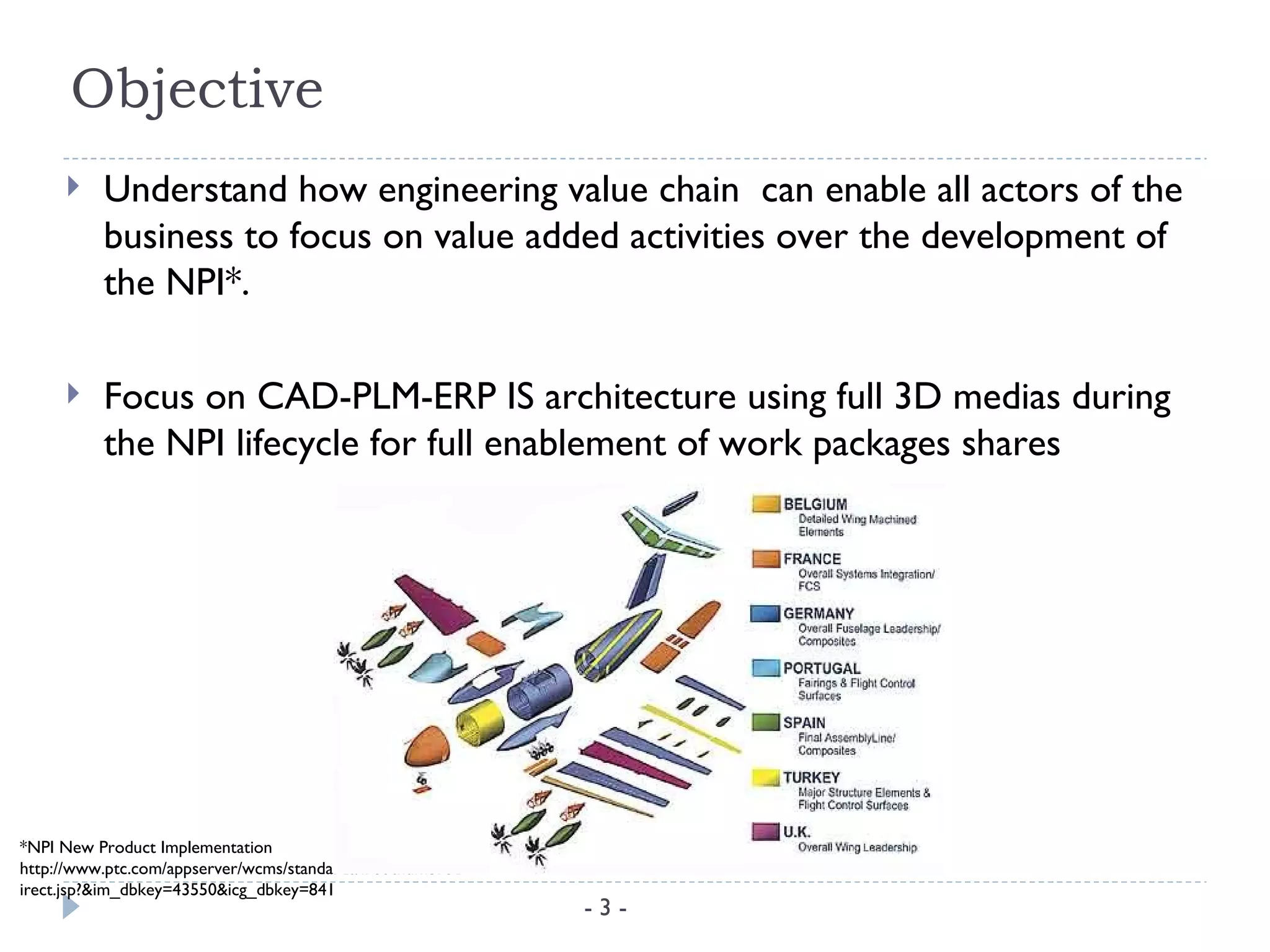 Objective
         Understand how engineering value chain can enable all actors of the
          business to focus on value added activities over the development of
          the NPI*.

         Focus on CAD-PLM-ERP IS architecture using full 3D medias during
          the NPI lifecycle for full enablement of work packages shares




*NPI New Product Implementation
http://www.ptc.com/appserver/wcms/standards/fileothumbred
irect.jsp?&im_dbkey=43550&icg_dbkey=841
                                                            -3-
 