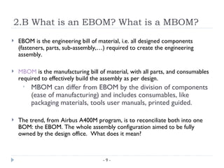 2.B What is an EBOM? What is a MBOM?
   EBOM is the engineering bill of material, i.e. all designed components
    (fasteners, parts, sub-assembly,…) required to create the engineering
    assembly.

   MBOM is the manufacturing bill of material, with all parts, and consumables
    required to effectively build the assembly as per design.
     •   MBOM can differ from EBOM by the division of components
         (ease of manufacturing) and includes consumables, like
         packaging materials, tools user manuals, printed guided.

   The trend, from Airbus A400M program, is to reconciliate both into one
    BOM: the EBOM. The whole assembly configuration aimed to be fully
    owned by the design office. What does it mean?



                                     -9-
 