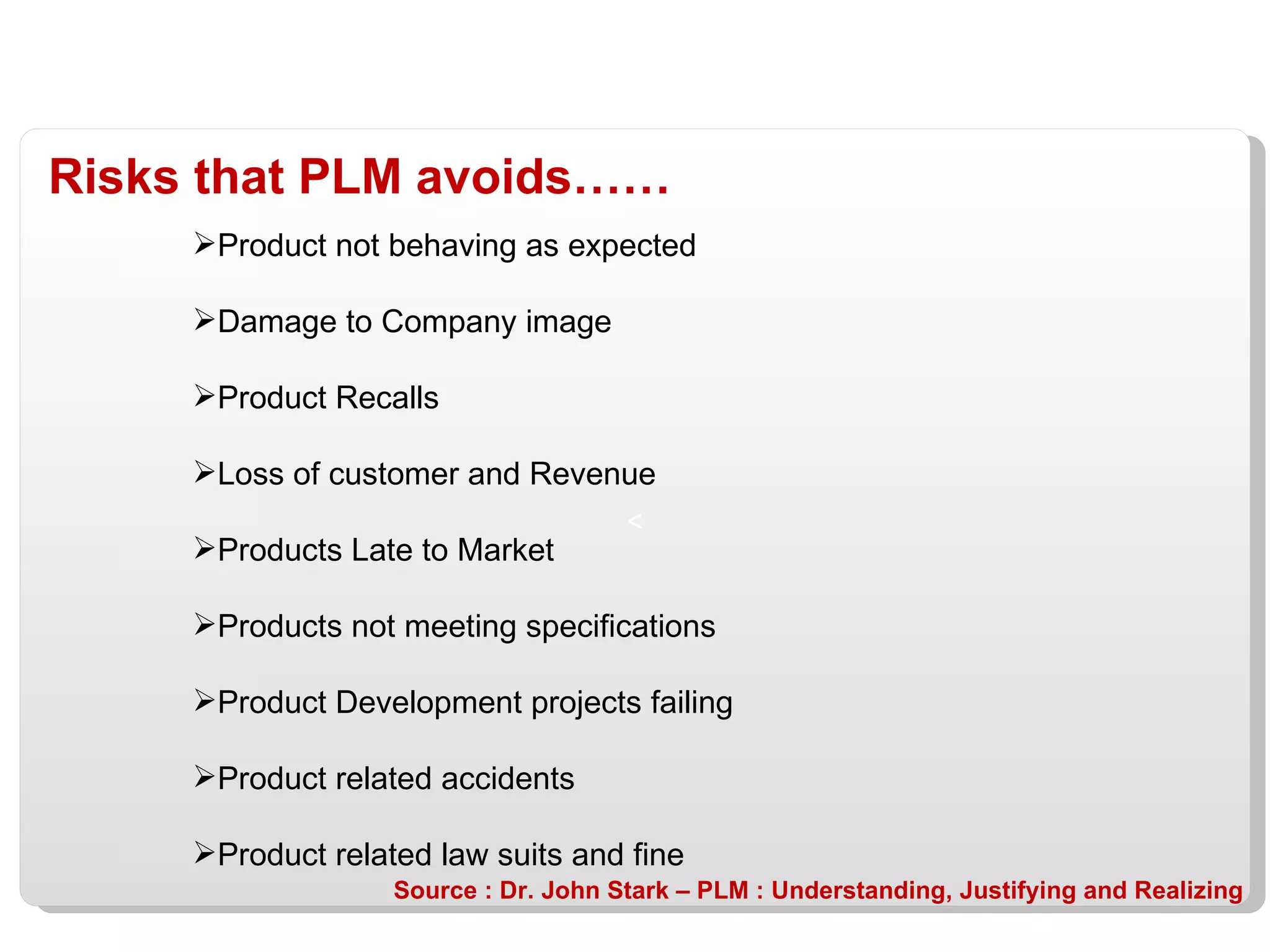 Risks that PLM avoids…… Product not behaving as expected Damage to Company image Product Recalls Loss of customer and Revenue Products Late to Market Products not meeting specifications Product Development projects failing Product related accidents Product related law suits and fine Source : Dr. John Stark – PLM : Understanding, Justifying and Realizing 