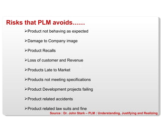Risks that PLM avoids…… Product not behaving as expected Damage to Company image Product Recalls Loss of customer and Revenue Products Late to Market Products not meeting specifications Product Development projects failing Product related accidents Product related law suits and fine Source : Dr. John Stark – PLM : Understanding, Justifying and Realizing 