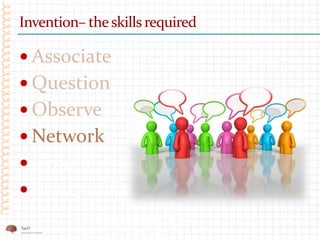 Invention– theskills required
 Associate
 Question
 Observe
 Network
 Experiment
 Ready to Fail
 