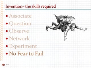 Invention– theskills required
 Associate
 Question
 Observe
 Network
 Experiment
 No Fear to Fail
 