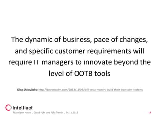 The dynamic of business, pace of changes,
and specific customer requirements will
require IT managers to innovate beyond the
level of OOTB tools
Oleg Shilovitsky: http://beyondplm.com/2013/11/04/will-tesla-motors-build-their-own-plm-system/

PLM Open Hours _ Cloud PLM und PLM Trends _ 04.11.2013

14

 