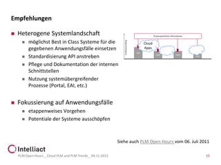 Empfehlungen


Heterogene Systemlandschaft









möglichst Best in Class Systeme für die
gegebenen Anwendungsfälle einsetzen
Standardisierung API anstreben
Pflege und Dokumentation der internen
Schnittstellen
Nutzung systemübergreifender
Prozesse (Portal, EAI, etc.)

Cloud
Apps

Fokussierung auf Anwendungsfälle




etappenweises Vorgehen
Potentiale der Systeme ausschöpfen

Siehe auch PLM Open Hours vom 06. Juli 2011
PLM Open Hours _ Cloud PLM und PLM Trends _ 04.11.2013

15

 