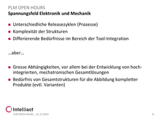 SpannungsfeldElektronikund Mechanik 
PLM OPEN HOURS 
Unterschiedliche Releasezyklen(Prozesse) 
Komplexität der Strukturen 
Differierende Bedürfnisse im Bereich der Tool-Integration 
…aber… 
Grosse Abhängigkeiten, vor allem bei der Entwicklung von hoch- integrierten, mechatronischen Gesamtlösungen 
Bedürfnis von Gesamtstrukturen für die Abbildung kompletter Produkte (evtl. Varianten) 
PLM OPEN HOURS _ 01.12.2014 5 
 