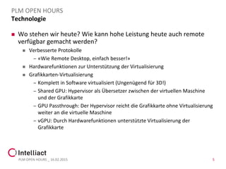 Technologie
 Wo stehen wir heute? Wie kann hohe Leistung heute auch remote
verfügbar gemacht werden?
 Verbesserte Protokolle
– «Wie Remote Desktop, einfach besser!»
 Hardwarefunktionen zur Unterstützung der Virtualisierung
 Grafikkarten-Virtualisierung
– Komplett in Software virtualisiert (Ungenügend für 3D!)
– Shared GPU: Hypervisor als Übersetzer zwischen der virtuellen Maschine
und der Grafikkarte
– GPU Passthrough: Der Hypervisor reicht die Grafikkarte ohne Virtualisierung
weiter an die virtuelle Maschine
– vGPU: Durch Hardwarefunktionen unterstützte Virtualisierung der
Grafikkarte
PLM OPEN HOURS _ 16.02.2015 5
PLM OPEN HOURS
 