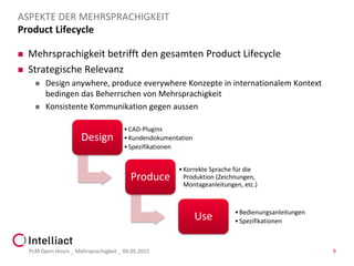 Product Lifecycle
 Mehrsprachigkeit betrifft den gesamten Product Lifecycle
 Strategische Relevanz
 Design anywhere, produce everywhere Konzepte in internationalem Kontext
bedingen das Beherrschen von Mehrsprachigkeit
 Konsistente Kommunikation gegen aussen
PLM Open Hours _ Mehrsprachigkeit _ 04.05.2015 9
ASPEKTE DER MEHRSPRACHIGKEIT
Design
•CAD-Plugins
•Kundendokumentation
•Spezifikationen
Produce
•Korrekte Sprache für die
Produktion (Zeichnungen,
Montageanleitungen, etc.)
Use •Bedienungsanleitungen
•Spezifikationen
 