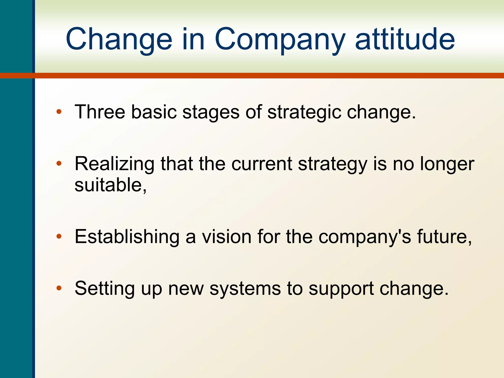 Change in Company attitude
• Three basic stages of strategic change.
• Realizing that the current strategy is no longer
suitable,
• Establishing a vision for the company's future,
• Setting up new systems to support change.
 