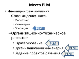 Место PLM
• Инжиниринговая компания
  – Основная деятельность
    • Маркетинг
    • Инженерия
    • Операции    PLM
  –Организационно-техническое
   развитие
    • Стратегирование    PLM
    • Организационная инженерия   PLM
    • Ведение проектов развития PLM
                                   12
 