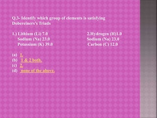 Q.3- Identify which group of elements is satisfying
Dobereiners's Triads
1.) Lithium (Li) 7.0 2.Hydrogen (H)1.0
Sodium (Na) 23.0 Sodium (Na) 23.0
Potassium (K) 39.0 Carbon (C) 12.0
(a) 1.
(b) 1 & 2 both.
(c) 2.
(d) none of the above.
 