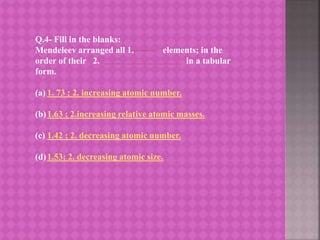 Q.4- Fill in the blanks:
Mendeleev arranged all 1. elements; in the
order of their 2. in a tabular
form.
(a) 1. 73 ; 2. increasing atomic number.
(b)1.63 ; 2.increasing relative atomic masses.
(c) 1.42 ; 2. decreasing atomic number.
(d)1.53; 2. decreasing atomic size.
 