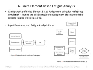 6. Finite Element Based Fatigue Analysis
• Main purpose of Finite Element Based Fatigue tool using for leaf spring
simulation – during the design stage of development process to enable
reliable fatigue life calculations.
• Input Parameter and Fatigue Analysis Cycle
01/25/16 International Conference on Trends in Product Life Cycle, Modeling, Simulation and Synthesis 11
Figure 5 Fatigue Analysis Prediction Strategies
Figure 6 FEM Based Fatigue Analysis Cycle [11]
 