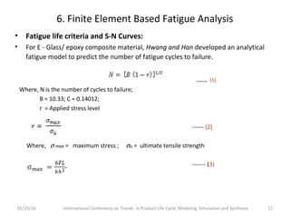 6. Finite Element Based Fatigue Analysis
• Fatigue life criteria and S-N Curves:
• For E - Glass/ epoxy composite material, Hwang and Han developed an analytical
fatigue model to predict the number of fatigue cycles to failure.
…… (1)
Where, N is the number of cycles to failure;
B = 10.33; C = 0.14012;
r = Applied stress level
------ (2)
Where, σ max = maximum stress ; σu = ultimate tensile strength
------- (3)
01/25/16 International Conference on Trends in Product Life Cycle, Modeling, Simulation and Synthesis 12
 