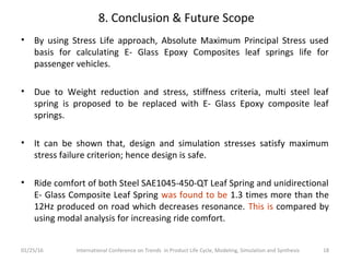 8. Conclusion & Future Scope
• By using Stress Life approach, Absolute Maximum Principal Stress used
basis for calculating E- Glass Epoxy Composites leaf springs life for
passenger vehicles.
• Due to Weight reduction and stress, stiffness criteria, multi steel leaf
spring is proposed to be replaced with E- Glass Epoxy composite leaf
springs.
• It can be shown that, design and simulation stresses satisfy maximum
stress failure criterion; hence design is safe.
• Ride comfort of both Steel SAE1045-450-QT Leaf Spring and unidirectional
E- Glass Composite Leaf Spring was found to be 1.3 times more than the
12Hz produced on road which decreases resonance. This is compared by
using modal analysis for increasing ride comfort.
01/25/16 International Conference on Trends in Product Life Cycle, Modeling, Simulation and Synthesis 18
 