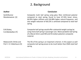 2. Background
Author Conclusion
Senthilkumar
Mouleeswaran [2]
Composite multi leaf spring using glass fibre reinforced polymer
compared to steel spring, found to have 67.35% lesser stress,
64.95% higher stiffness and 126.98% higher natural frequency and
also weight reduction of 68.15% is achieved compared to steel leaf
spring.
D.N.Dubey,
S.G.Mahakalkar [7]
Composite leaf springs would offer substantial weight savings by
using mono leaf spring in passenger cars. Mono parabolic leaf spring
of a Maruti Omni used HM and HS Carbon polymers composite
material.
Makarand B. Shirke and
Prof. V .D .Wakchaure [5]
The life of the spring is an important criterion. In this aspect as well
composite leaf spring proves to be much better than EN45 steel leaf
spring.
01/25/16 International Conference on Trends in Product Life Cycle, Modeling, Simulation and Synthesis 4
 