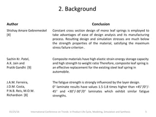 2. Background
Author Conclusion
Shishay Amare Gebremeskel
[4]
Constant cross section design of mono leaf springs is employed to
take advantages of ease of design analysis and its manufacturing
process. Resulting design and simulation stresses are much below
the strength properties of the material, satisfying the maximum
stress failure criterion .
Sachin Kr. Patel,
A.K. Jain and
Pratik Gandhi [9]
Composite materials have high elastic strain energy storage capacity
and high strength to weight ratio Therefore, composite leaf spring is
an effective replacement for the existing steel leaf spring in
automobile.
J.A.M. Ferreira,
J.D.M. Costa,
P.N.B. Reis, M.O.W.
Richardson [8]
The fatigue strength is strongly influenced by the layer design.
0° laminate results have values 1.5-1.8 times higher than +45°/0°/-
45° and +30°/-30°/0° laminates which exhibit similar fatigue
strengths.
01/25/16 International Conference on Trends in Product Life Cycle, Modeling, Simulation and Synthesis 5
 