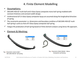• Assumptions:
 SAE1045-450-QT multi leaf and E-Glass Epoxy composite mono leaf spring modeled with
constant thickness and constant width design.
 Unidirectional (0°) E-Glass Epoxy composite layup are assumed along the longitudinal direction
of spring.
 The constraints parameter i.e. dimensions and boundary condition of SAE1045-450-QT multi
leaf spring is same as that of E-Glass Epoxy composite leaf spring.
 Fatigue life predication of leaf spring based on finite element analysis using Stress life approach.
• Element & Meshing:
01/25/16 International Conference on Trends in Product Life Cycle, Modeling, Simulation and Synthesis 8
4. Finite Element Modelling
Fig. 2 Geometric mesh model –
SAE 1045-450-QT leaf spring
Fig. 3 Geometric Mesh Model – Mono
Composite Leaf Spring
 